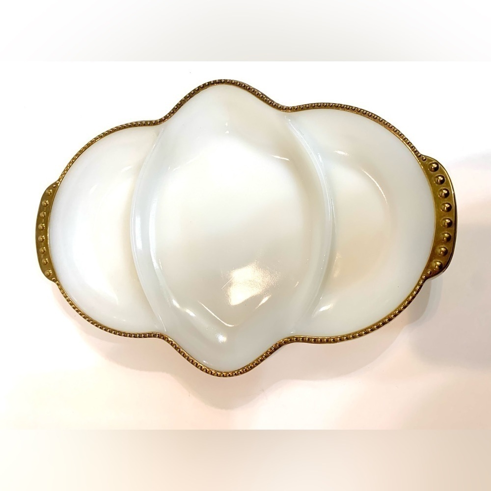 VTG 1960’s Fire King Milk Glass Dish / USA / Gold Trim Relish Cheese Candy Dish